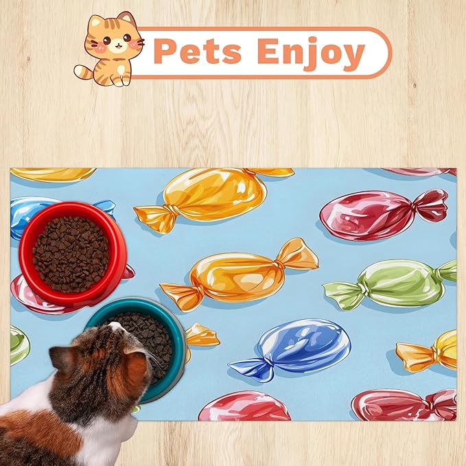 Sugar Candy Dog Food Mat for Floors Absorbent Dog Bowl Mat for Food and Water Dispenser Quick Dry Cat Food Placemat Pet Supplies 16" x 24", Sweet Food