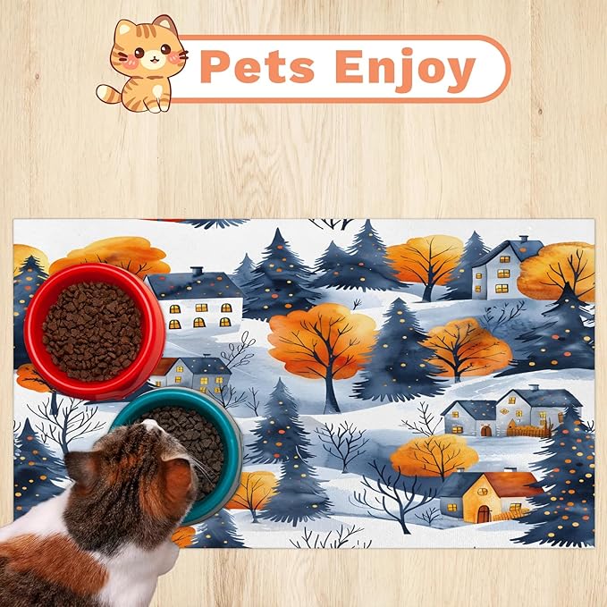Village Hills Dog Food Mat for Floors Absorbent, Quick Dry Water Dispenser Mat for Food, Water, Pet Supplies 12" x 20", Winter Tree