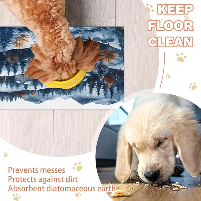 Village Dog Food Mat for Floors Absorbent, Quick Dry Water Dispenser Mat for Food, Water, Pet Supplies 12" x 20", Forest Snowflake