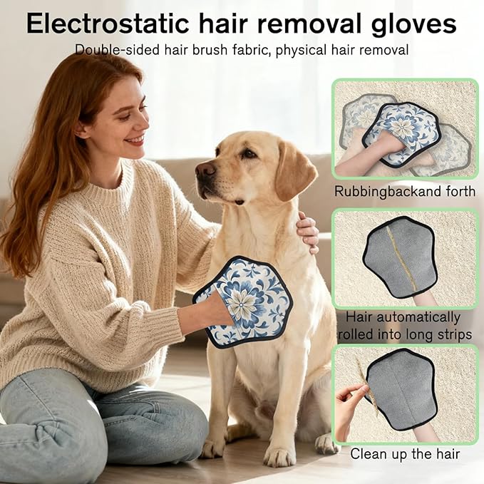 Reusable Pet Hair Removal Glove Watercolor Blue Flowers Magic Brush for Cat & Dog Hair Remover for Car, Sofa, Bedding, Clothes - 9x9 Mitt Washable