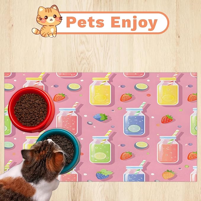 Lemon Juice Dog Food Mat for Floors Absorbent Dog Bowl Mat for Food and Water Dispenser Quick Dry Cat Food Placemat Pet Supplies 24" x 32", Strawberry Fruit