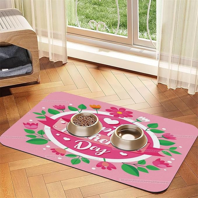 Absorbent Dog Water Cat Mat for Food Water Bowl Quick Dry Happy Mother's Day Floral Gift for Mom X Pet Feeding Mats No Stains Dog Food Mat Pet Accessories Supplies Cat Bowl Mats 24x16In
