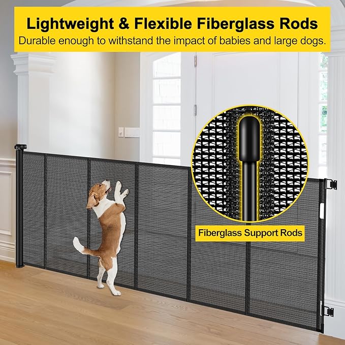 Reinforced 42” Tall x 130” Extra Wide Retractable Baby Gates Extra Tall Pet Gate for Wide Openings Long Dog gate with Rods to Prevent Crawling Through, Dog Gates for Doorways Indoor Outdoor, Black