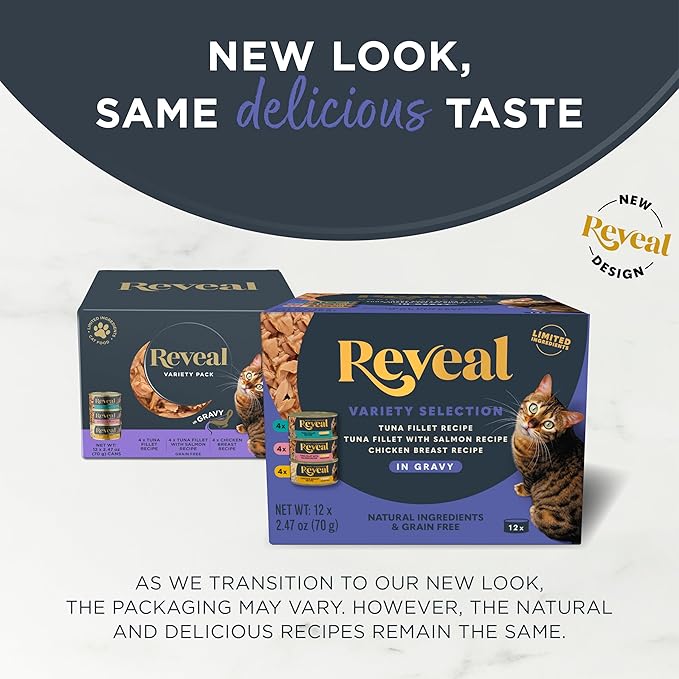 Reveal Natural Wet Canned Cat Food, Limited and Natural Ingredients, Grain Free, High Protein with No Artificial Additives, Fish and Chicken Variety in Gravy, (12 x 2.47 oz Cans)