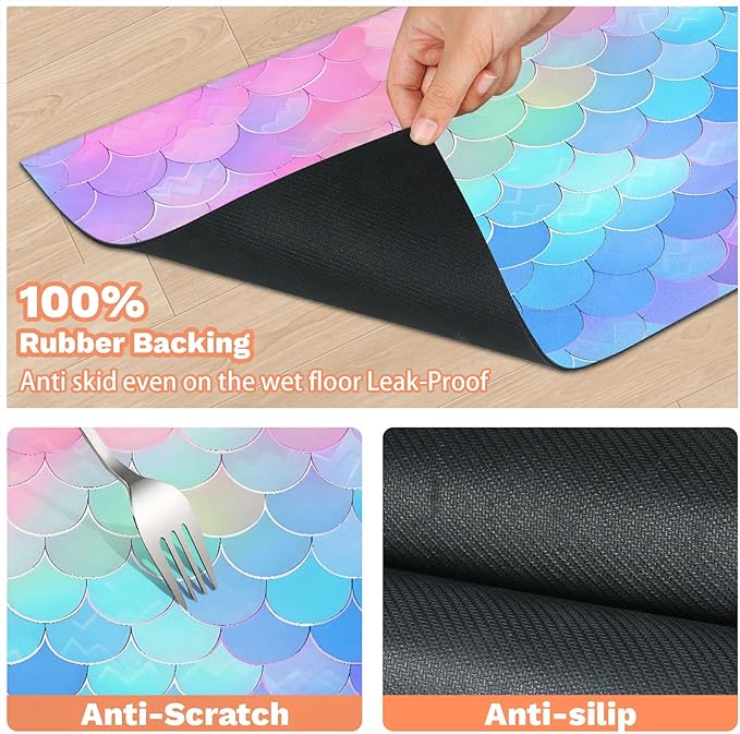 Mermaid Scales Dog Food Mat for Floors Absorbent Dog Bowl Mat for Food and Water Dispenser Quick Dry Cat Food Placemat Pet Supplies 17" x 30", Pink Blue Ocean