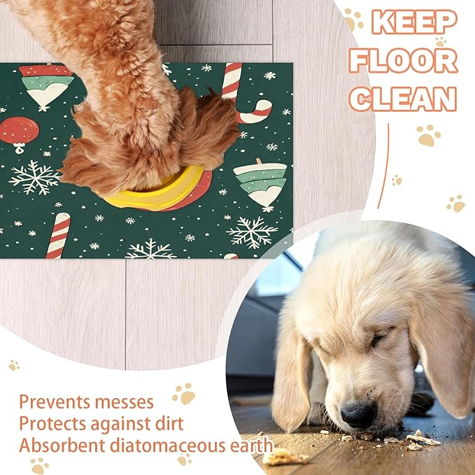 Merry Christmas Dog Food Mat for Floors Absorbent, Quick Dry Water Dispenser Mat for Food, Water, Pet Supplies 17" x 30", Santa Claus
