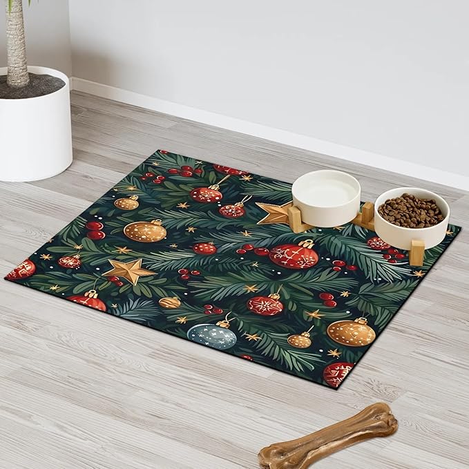 Christmas Holly Dog Food Mat for Floors Absorbent, Quick Dry Water Dispenser Mat for Food, Water, Pet Supplies 24" x 32", Xmas Ball Star