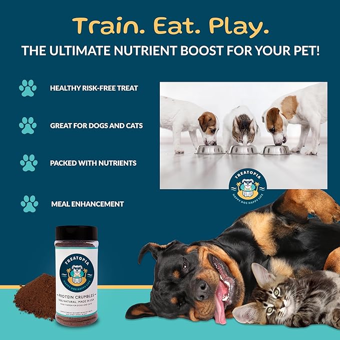 TREATOPIA Protein Crumbles Meal Topper for Dogs & Cats, 8 Oz Shaker Bottle - All-Natural Beef Lung & Liver Appetite Stimulant Seasoning, High-Protein, Healthy Treat, Slow-Roasted, Made in The USA