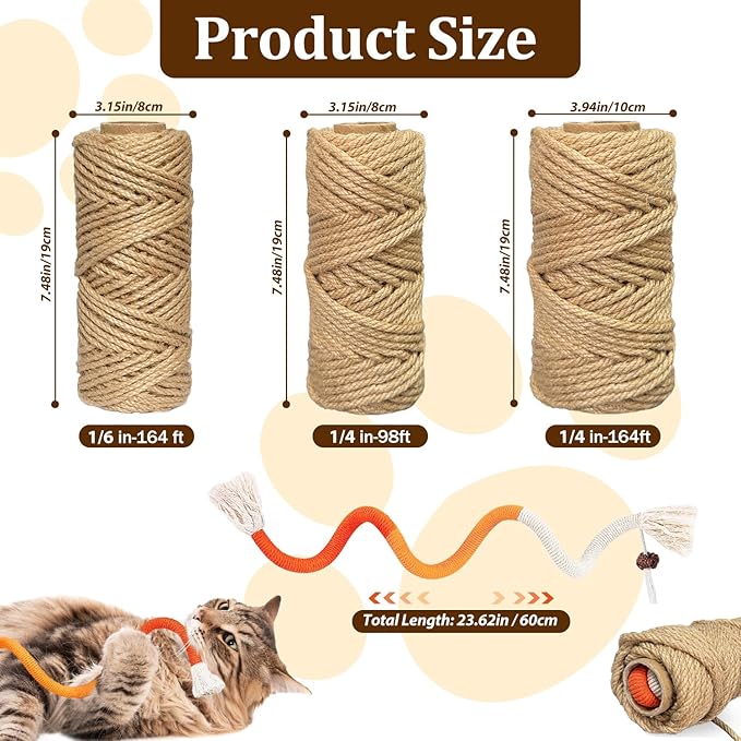 Natural Sisal Rope for Cat Scratcher,1/6 inch,164Ft,Natural Jute Rope for Cat Scratcher Repair and DIY Tree, Recovering, Hemp Twine Rope for Cat Scratching Post Tower Replacement with Chew Toy