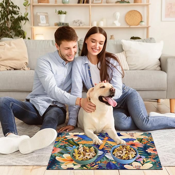 Floral Dragonfly Dog Food Mat for Floors Absorbent, Quick Dry Water Dispenser Mat for Food, Water, Pet Supplies 17" x 30", Wildflower Plant