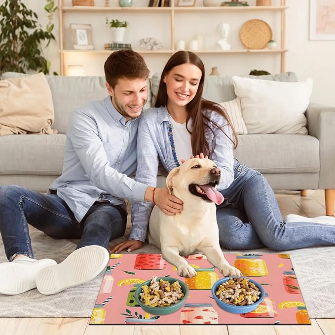 Fruit Juice Dog Food Mat for Floors Absorbent Dog Bowl Mat for Food and Water Dispenser Quick Dry Cat Food Placemat Pet Supplies 17" x 30", Cool Juice