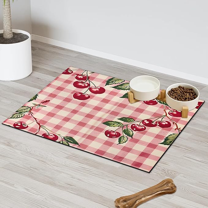 Cherry Fruits Dog Food Mat for Floors Absorbent Dog Bowl Mat for Food and Water Dispenser Quick Dry Cat Food Placemat Pet Supplies 24" x 32", Buffalo Check Plaid