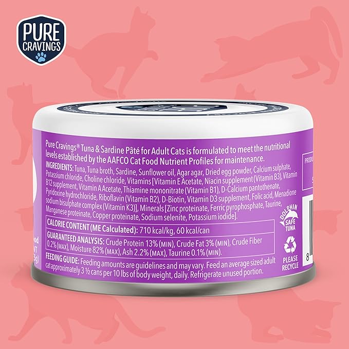 Pure Cravings Tuna and Sardine Pate, Canned Wet Cat Food, 100% Mercury-Tested, Moist Can Fish, Grain-Free Protein, Non-GMO, 12 Pack