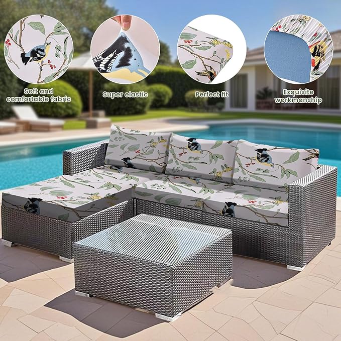 HANDONTIME 8Pcs Outdoor Patio Cushion Covers Bird Branch Stretch Couch Cushion Cover Patio Couch Slipcover for Outdoor/Indoor Washable Non-Slip Furniture Protector for Pet (Branches Birds,Cover Only)