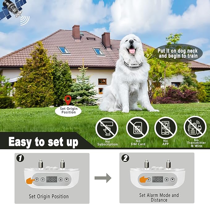 GPS Wireless Dog Fence System, Electric Satellite Technology Pet Containment System by GPS Signal Boundary for Dogs and Pets with Waterproof & Rechargeable Collar Receiver(White)