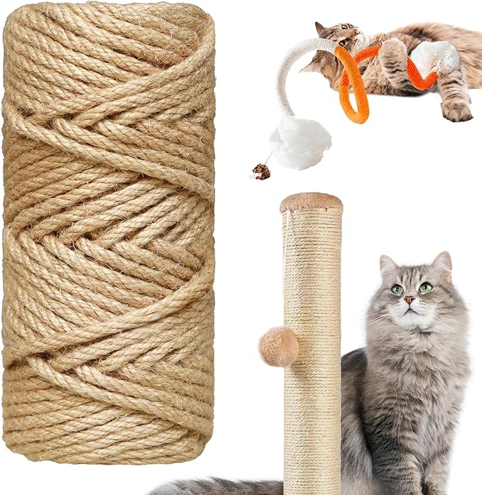 Natural Sisal Rope for Cat Scratcher,1/4 inch,98Ft,Natural Jute Rope for Cat Scratcher Repair and DIY Tree, Recovering, Hemp Twine Rope for Cat Scratching Post Tower Replacement with Chew Toy