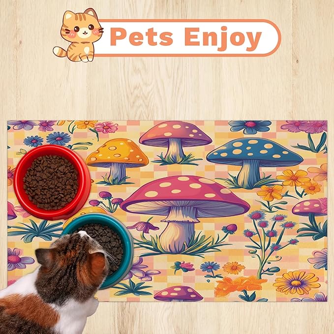 Boho Mushroom Dog Food Mat for Floors Absorbent Dog Bowl Mat for Food and Water Dispenser Quick Dry Cat Food Placemat Pet Supplies 12" x 20", Floral
