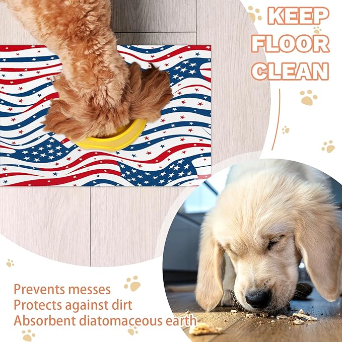 4th of July Dog Food Mat for Floors Absorbent Dog Bowl Mat for Food and Water Dispenser Quick Dry Cat Food Placemat Pet Supplies 17" x 30", American Stars