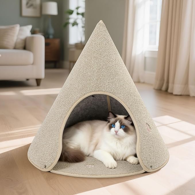 BEQHAUSE Cat Beds for Indoor Cats, Cat Cave Bed with Non-Slip Bottom, Anti-Scratch Cat House Cat Tent for Kittens and Small Dogs, Foldable Kitten Hideaway Machine Washable,22.8 * 22.8 * 20.8in, Beige