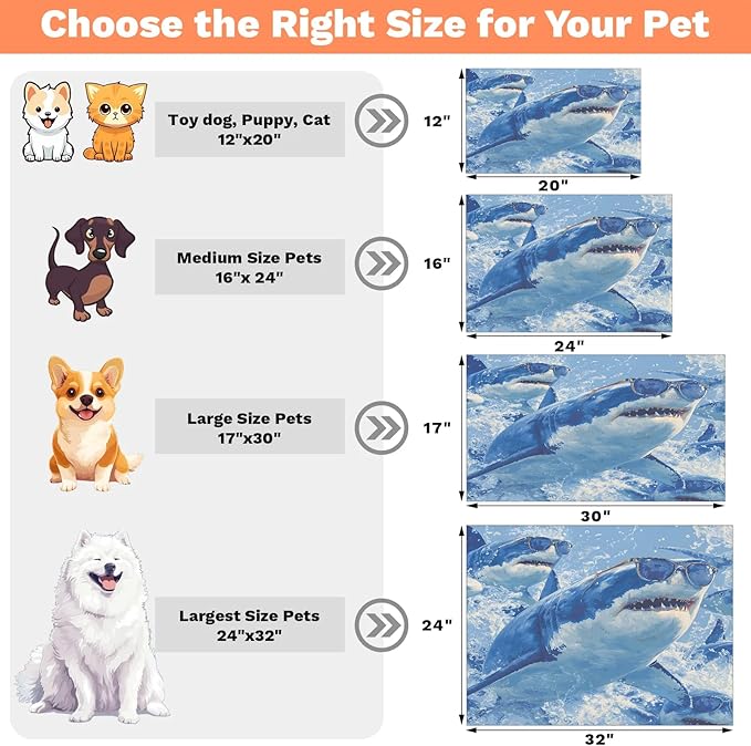 Cool Sharks Dog Food Mat for Floors Absorbent Dog Bowl Mat for Food and Water Dispenser Quick Dry Cat Food Placemat Pet Supplies 17" x 30", Coastal Nautical