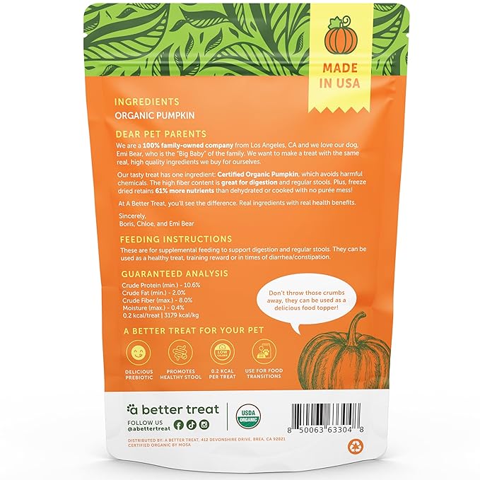A Better Treat – Freeze Dried Organic Pumpkin Dog and Cat Treats, Organic, Single Ingredient | Natural, Healthy, Diabetic Friendly | Made in The USA…