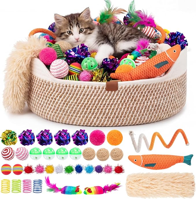 Leitee Valentine's Day Cat Bed Storage Basket with 40 Pcs Cat Variety Toys Pack Set Includes Pillows, Spring Toy, Chew Rope and Balls for Kitten Kitty Swat Hunt Interactive Pet(White,Yellow)