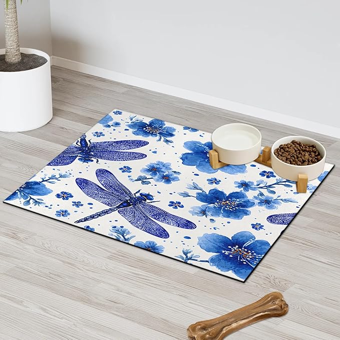 Blue Dragonfly Dog Food Mat for Floors Absorbent, Quick Dry Water Dispenser Mat for Food, Water, Pet Supplies 16" x 24", Flowers