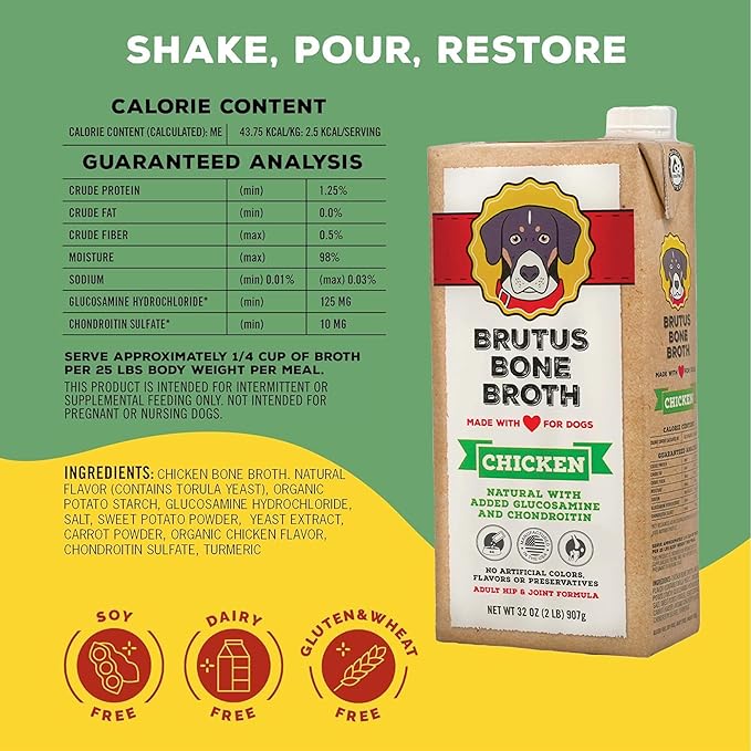 Brutus Broth for Dogs - All Natural Bone Broth for Dogs with Chondroitin Glucosamine Turmeric -Human Grade Dog Food Toppers - Beef and Chicken Bundle