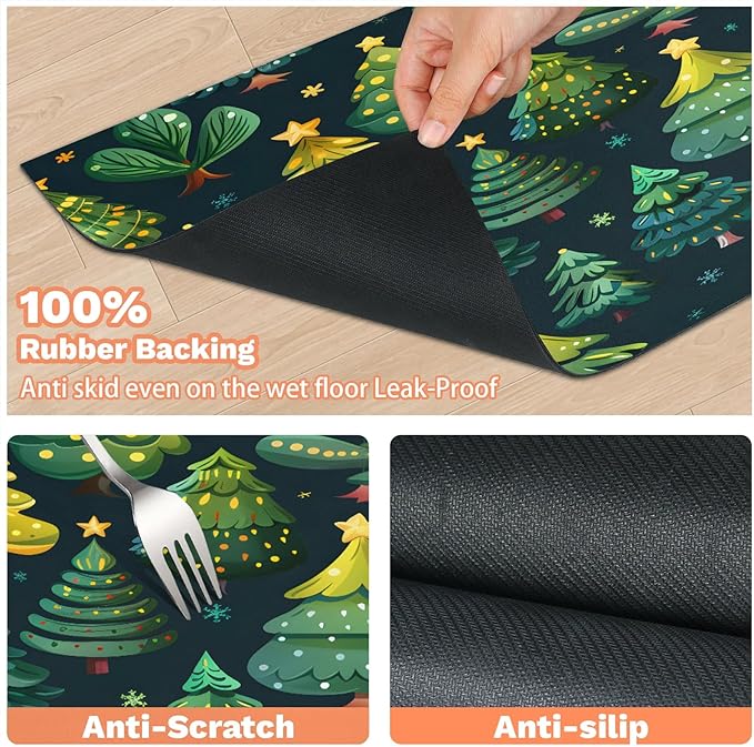 Christmas Trees Dog Food Mat for Floors Absorbent, Quick Dry Water Dispenser Mat for Food, Water, Pet Supplies 17" x 30", Pine Tree Forest