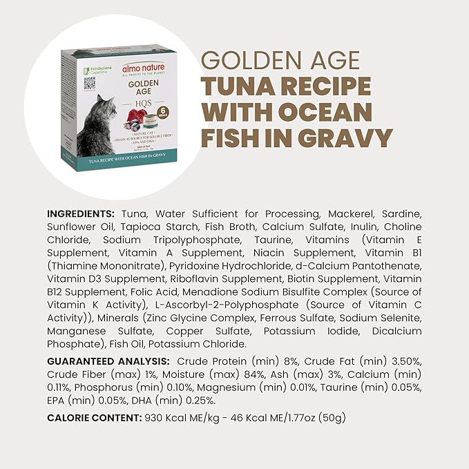 almo nature Supportive Formulas Golden Age HQS Tuna & Ocean Fish in Gravy Wet Cat Food, 1.77-oz can, case of 6