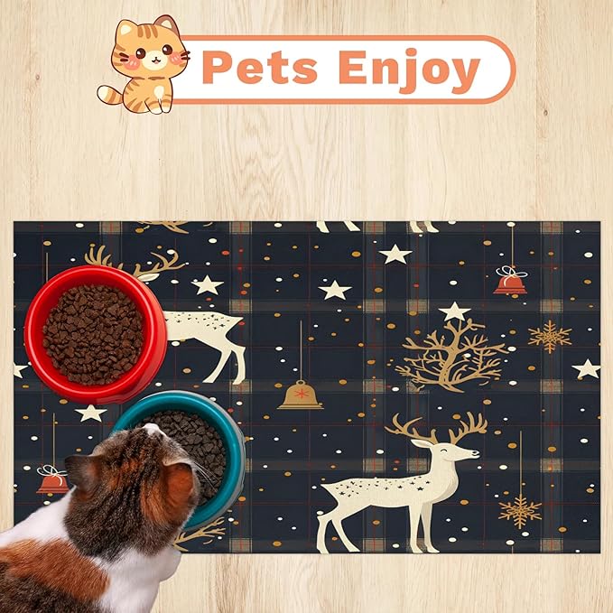 Christmas Deer Dog Food Mat for Floors Absorbent, Quick Dry Water Dispenser Mat for Food, Water, Pet Supplies 24" x 32", Xmas Tree