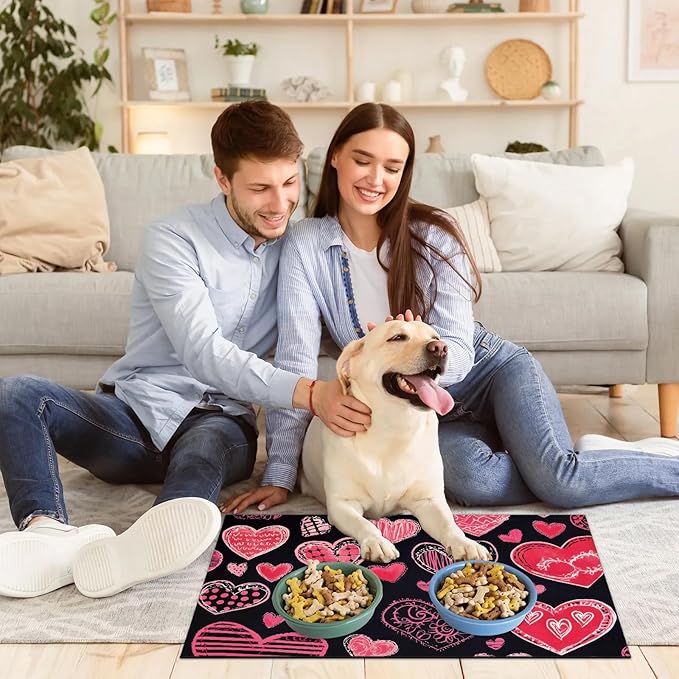 Valentines Day Dog Food Mat for Floors Absorbent, Quick Dry Water Dispenser Mat for Food, Water, Pet Supplies 24" x 32", Pink Love Heart