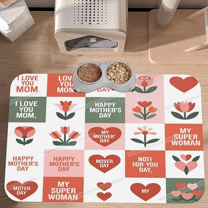 Pet Cat Dog Food Mat Absorbent Dog Feeding Mat Happy Mother's Day Floral Gift Mom IP No Stains Cat Food Mats Indoor Pet Accessories Supplies Dogs Placemat Water Bowl Mats with Rubber Backing 24x16In