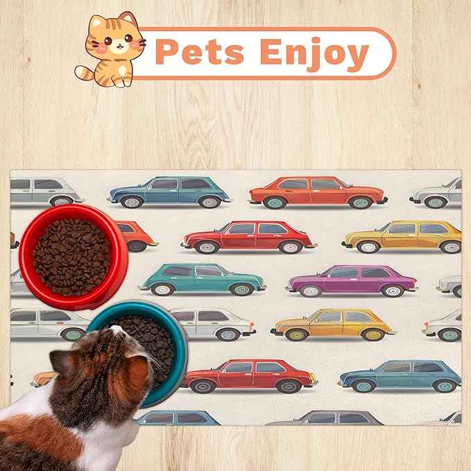 Colorful Cars Dog Food Mat for Floors Absorbent, Quick Dry Water Dispenser Mat for Food, Water, Pet Supplies 16" x 24", Cartoon Car
