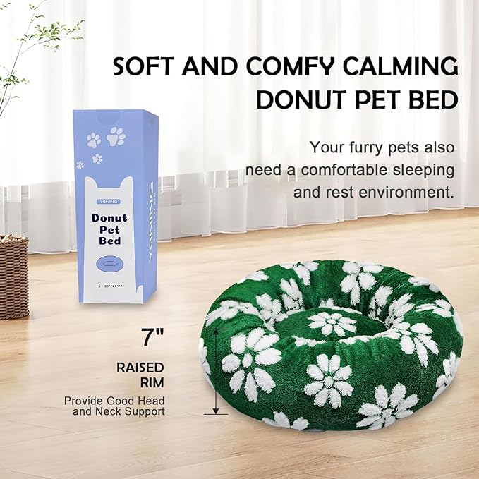 Donut Dog Beds for Small Dogs, Calming Round Cat Beds for Indoor Cats, Cute 3D Textured Flower Pet Bed with Removable Washable Cover and Anti-Slip Bottom（Green，23"）