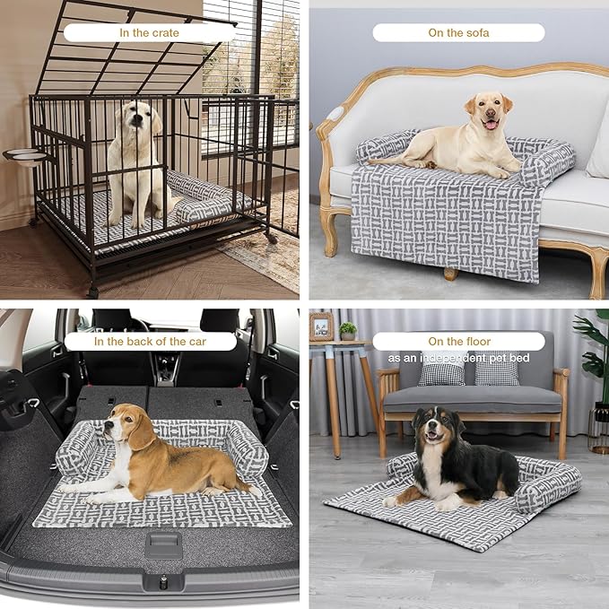 Orthopedic Dog Bed for Large Dogs, Washable Sofa Protector Pet Bed with 3-Sided Bolster, Shredded Memory Foam & Plush Support, Non-Slip Bottom for Medium & Small Dogs
