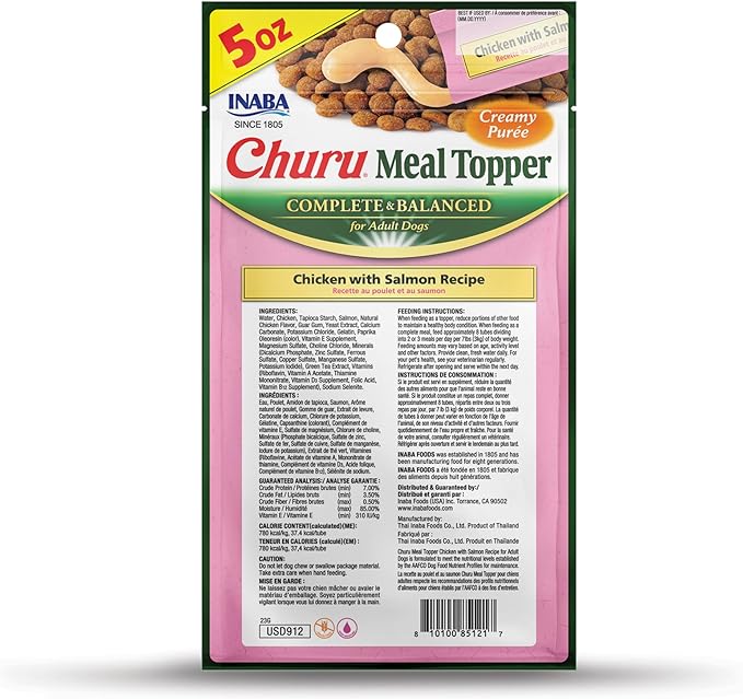 INABA Churu Meal Topper for Dogs, Complete & Balanced, Creamy, Lickable Purée Dog Food Toppers, 1.69 Ounce Tube, 18 Tubes (3 per Pack), Chicken with Salmon Recipe