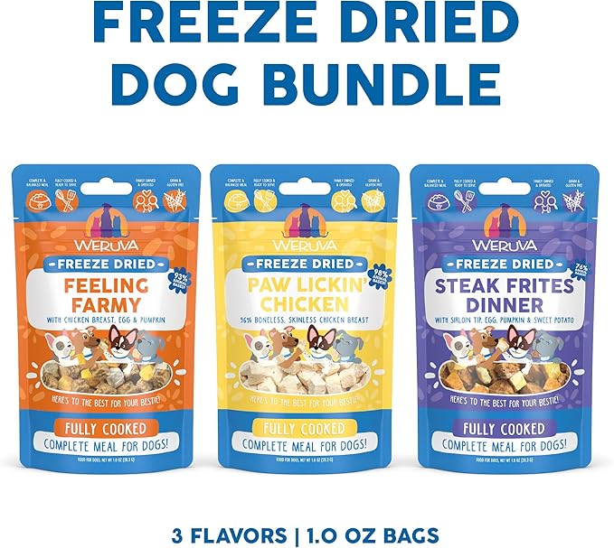 Weruva Sampler of All Freeze Dried Dog Food Recipes, Feeling Farmy, Paw Lickin Chicken, and Steak Frites Dinner (3 Pack, 1oz Bags)