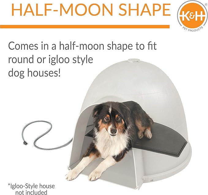 K&H Pet Products Lectro-Kennel Igloo-Style Heated Outdoor Dog Bed, Half-Round Durable Rigid ABS Plastic Heated Pad for Dog Houses Outdoor, Washable Cover, Safety Listed - Medium 24 X 15in Black 60W