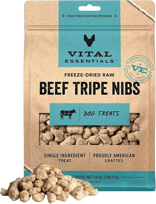 Vital Essentials Freeze Dried Dog Treats | Beef Tripe Nibs (Large Bites), Single Protein | Premium Quality | Grain Free Training Treats for Dogs, 14 oz Bag