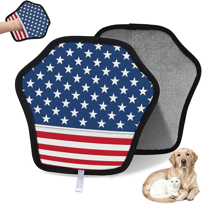 Stars Stripes Electrostatic Pet Hair Removal Glove for Cats & Dogs - Reusable Grooming Mitt for Couch, Carpet, Car Seat & Laundry - Large 9x9 Inch
