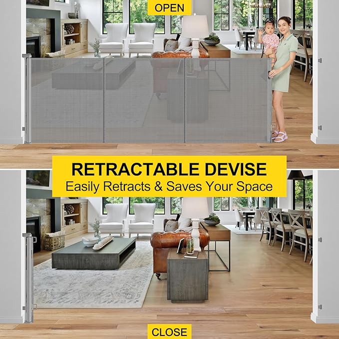 Reinforced 42” Tall x 160” Extra Wide Retractable Gates with Support Rods, Tall Pet Gate for Large Openings, Outdoor Dog Gates Extra Wide Baby Gate for The House Large Mesh Gate, Gray