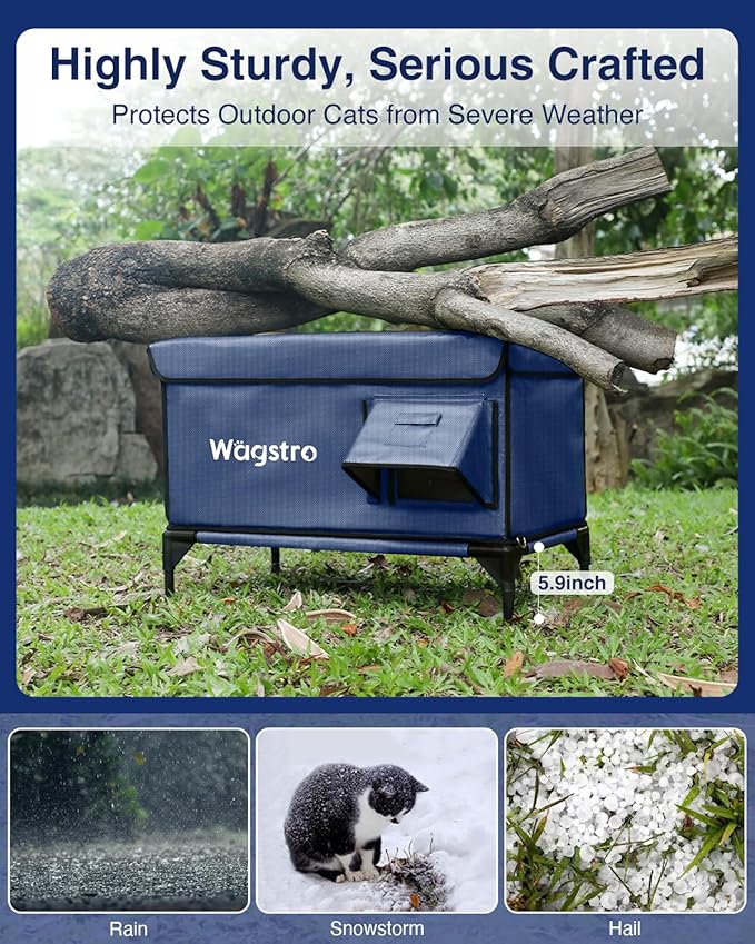Ex-Large Heated Cat House for Outside in Winter, 100% Waterproof, Escape Door, 6" Elevated, Weatherproof Insulated Outdoor Cat House Shelter with Heater for Stray Feral Cat (Dark Blue, 29"x17"x20")
