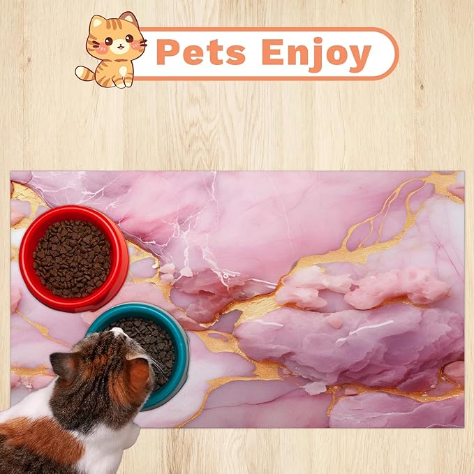 Pink Marble Dog Food Mat for Floors Absorbent, Quick Dry Water Dispenser Mat for Food, Water, Pet Supplies 12" x 20", Gold Marble
