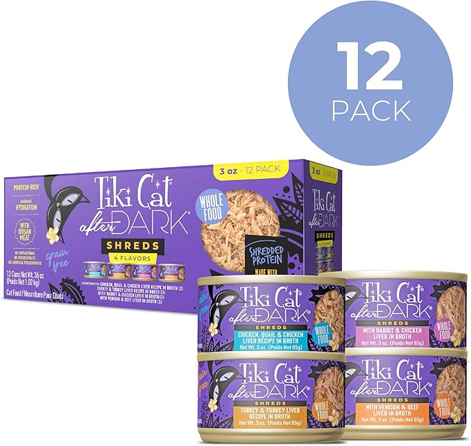 Tiki Cat After Dark Shreds Wet Cat Food, Variety Pack, 3 oz. Can (12 Count)