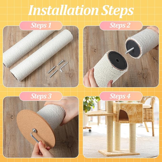 2 Pcs Cat Scratching Post Replacement, 15.7 x 3 Inch Sisal Pole Cat Tree Replacement Post with M8 Screws, Refill Scratcher Posts for Indoor Kitten Tree Tower Spare Cats Furniture Protector