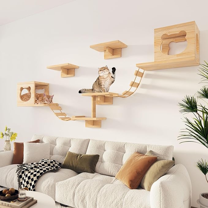 Cat Wall Shelves and Perches, Pine Wooden Cat Wall Furniture Climbing Shelves with Climber, Condo, Scratching Post, Ladder & Platform