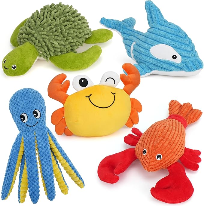 Prime Pets Dog Toys, 5 Pack, Plush Crinkle Squeaky Dog Toys, Durable Stuffed Pet Toy for Small Medium Large Breeds, Puppy Chew Toy, Dog Birthday Gifts