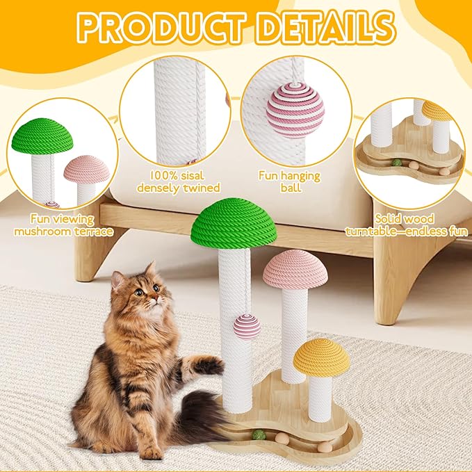 Cat Scratching Post,Mushroom Forest Cat Scratcher with Natural Sisal&Hanging Toy Ball-Durable Kitten Supplies & Adult Cat Furniture Protector(11.80"×11.80"×17.32")