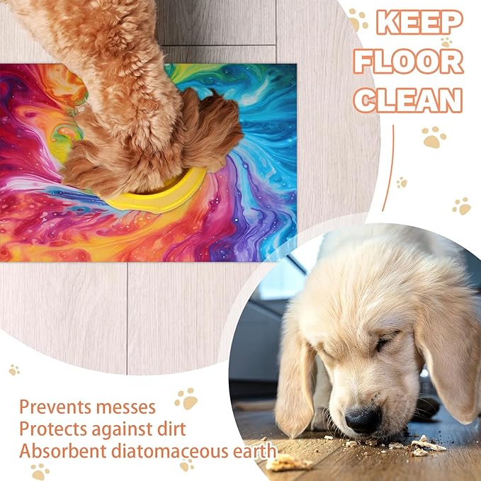 Tie Dye Dog Food Mat for Floors Absorbent, Quick Dry Water Dispenser Mat for Food, Water, Pet Supplies 17" x 30", Boho Colorful